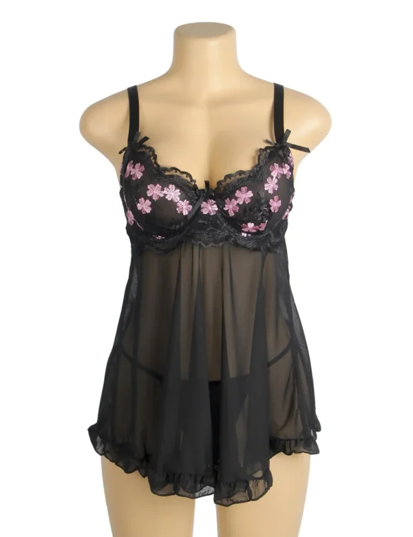 Nuisette noire en tulle à fleurs roses