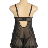 Nuisette noire en tulle à fleurs roses