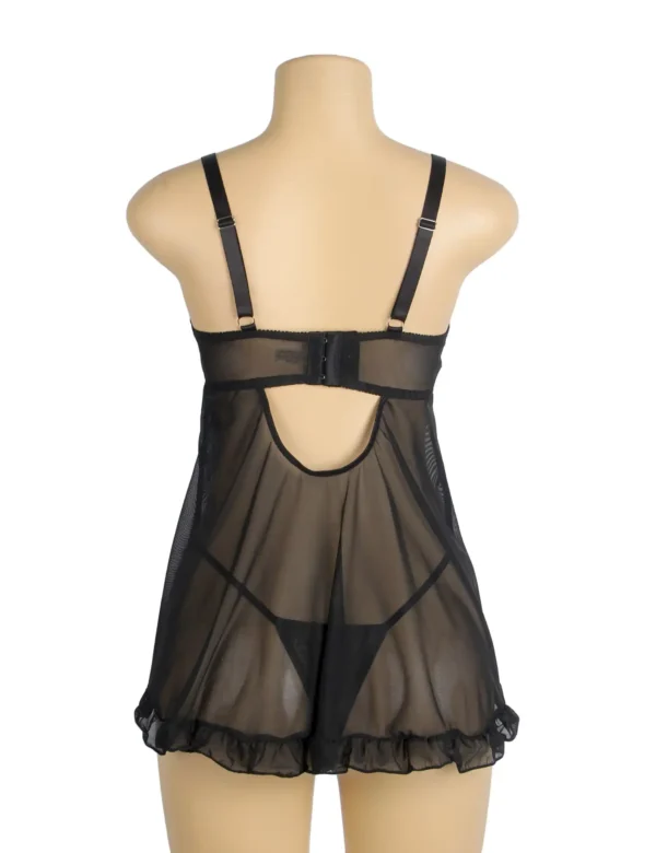 Nuisette noire en tulle à fleurs roses