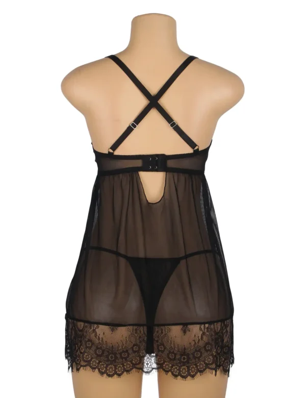 Nuisette noire en voile et dentelle à bretelles croisées (2) Nuisette noire en voile et dentelle à bretelles croisées