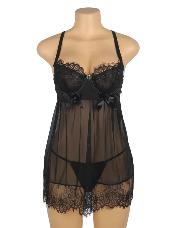 Nuisette noire en voile et dentelle à bretelles croisées (3) Nuisette noire en voile et dentelle à bretelles croisées