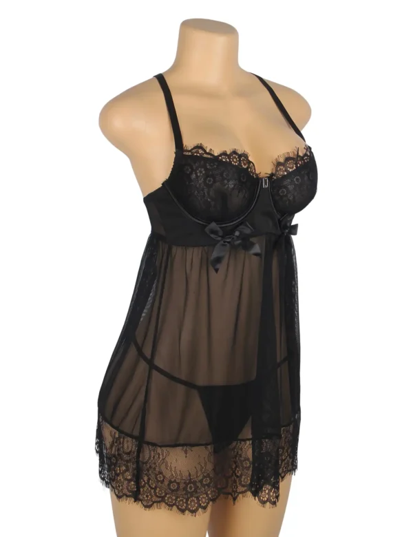 Nuisette noire en voile et dentelle à bretelles croisées (4) Nuisette noire en voile et dentelle à bretelles croisées