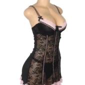 Nuisette noire et rose en dentelle florale (3) Nuisette noire et rose en dentelle florale