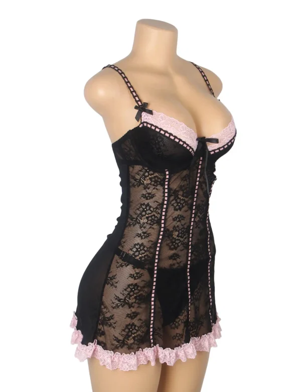 Nuisette noire et rose en dentelle florale (3) Nuisette noire et rose en dentelle florale