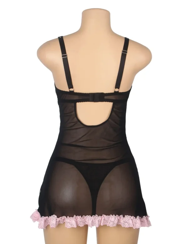 Nuisette noire et rose en dentelle florale (4) Nuisette noire et rose en dentelle florale
