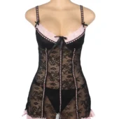 Nuisette noire et rose en dentelle florale (5) Nuisette noire et rose en dentelle florale