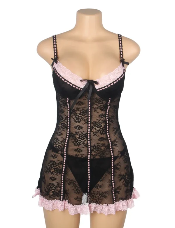 Nuisette noire et rose en dentelle florale (5) Nuisette noire et rose en dentelle florale