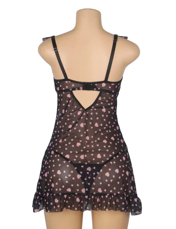 Nuisette noire transparente à cœurs roses