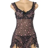 Nuisette noire transparente à cœurs roses