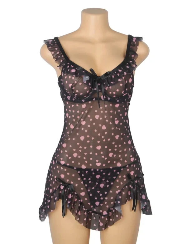 Nuisette noire transparente à cœurs roses