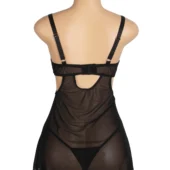 Nuisette noire transparente à fleurs brodées roses