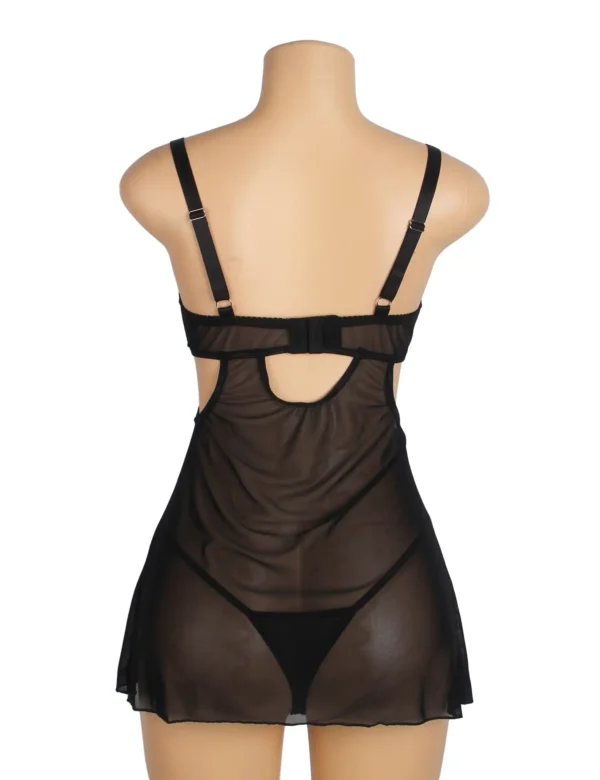 Nuisette noire transparente à fleurs brodées roses