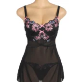 Nuisette noire transparente à fleurs brodées roses