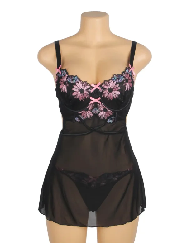 Nuisette noire transparente à fleurs brodées roses