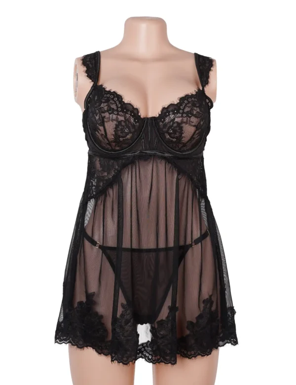 Nuisette noire transparente avec dentelle et armatures (2) Nuisette noire transparente avec dentelle et armatures