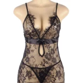 Nuisette noire transparente dos ouvert à nœud satin (2) Nuisette noire transparente dos ouvert à nœud satin