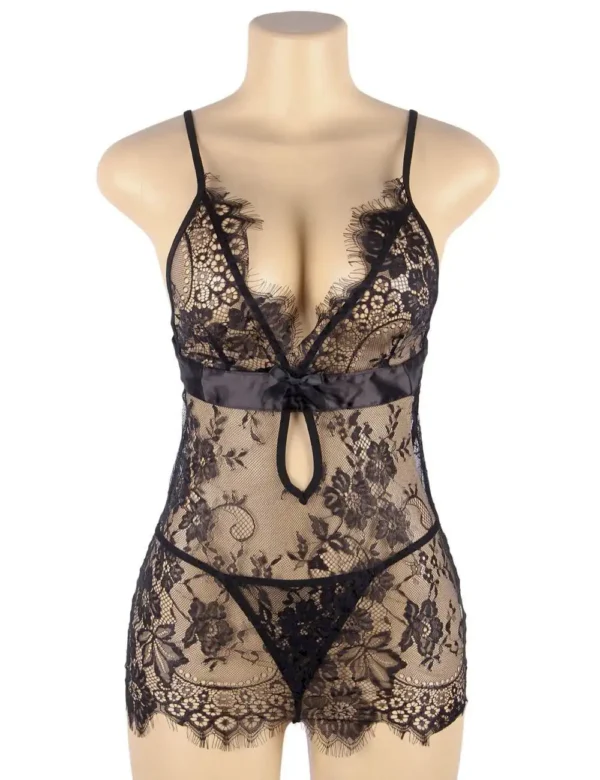 Nuisette noire transparente dos ouvert à nœud satin (2) Nuisette noire transparente dos ouvert à nœud satin