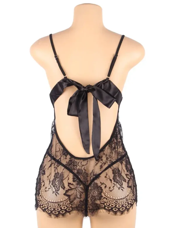 Nuisette noire transparente dos ouvert à nœud satin (3) Nuisette noire transparente dos ouvert à nœud satin