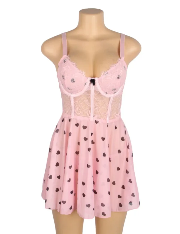 Nuisette rose à motifs cœurs noirs (6) Nuisette rose à motifs cœurs noirs
