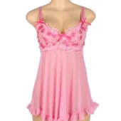 Nuisette rose en voile et dentelle à volants