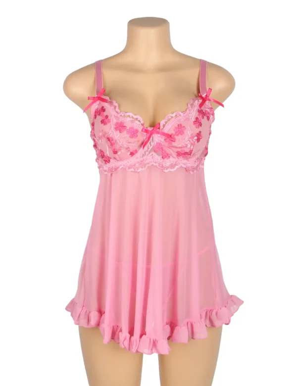 Nuisette rose en voile et dentelle à volants