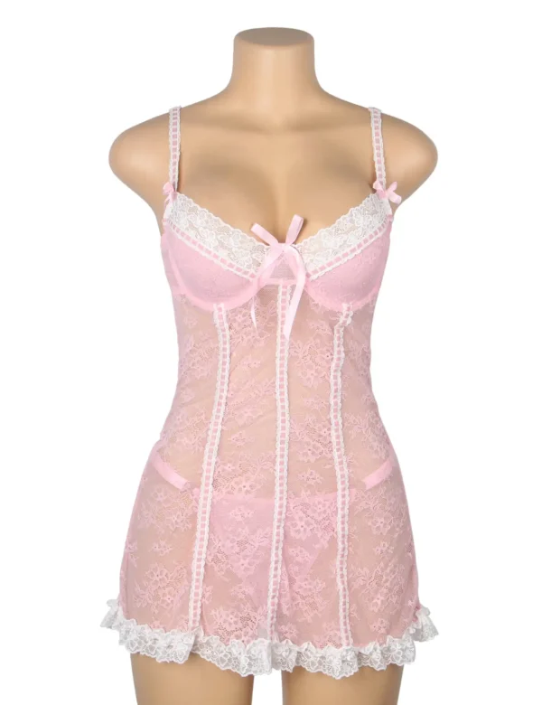 Nuisette rose et blanche en dentelle florale (3) Nuisette rose et blanche en dentelle florale