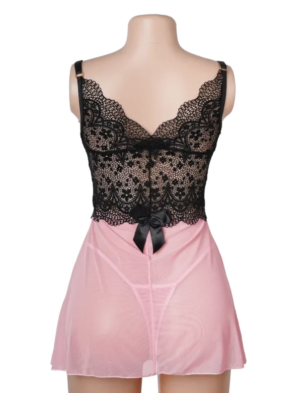 Nuisette rose et noire en voile et dentelle (2) Nuisette rose et noire en voile et dentelle