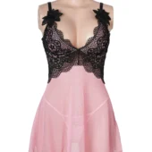 Nuisette rose et noire en voile et dentelle (3) Nuisette rose et noire en voile et dentelle