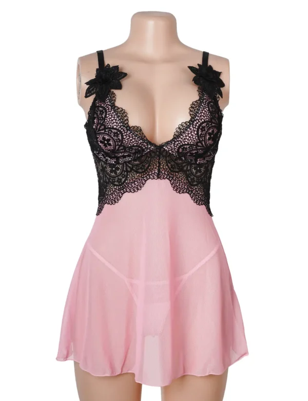 Nuisette rose et noire en voile et dentelle (3) Nuisette rose et noire en voile et dentelle