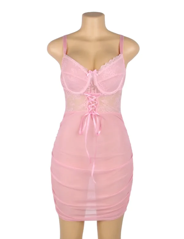 Nuisette rose moulante à laçage corset (3) Nuisette rose moulante à laçage corset