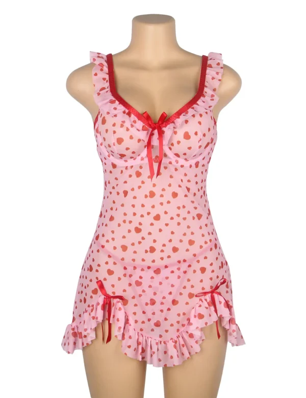 Nuisette rose sexy à motifs cœurs rouges (2) Nuisette rose sexy à motifs cœurs rouges