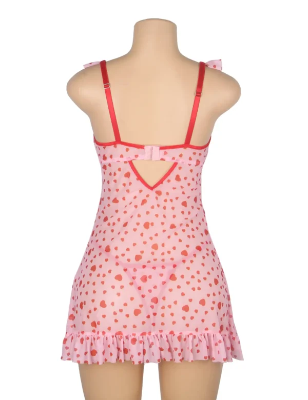 Nuisette rose sexy à motifs cœurs rouges (3) Nuisette rose sexy à motifs cœurs rouges