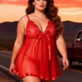 Nuisette rouge en voile à décolleté scintillant (4) Nuisette rouge en voile à décolleté scintillant