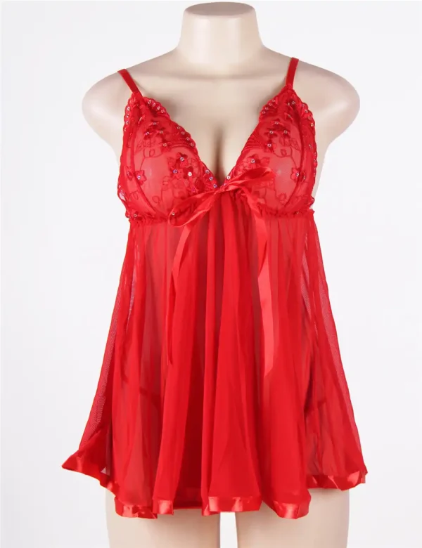 Nuisette rouge en voile à décolleté scintillant (7) Nuisette rouge en voile à décolleté scintillant
