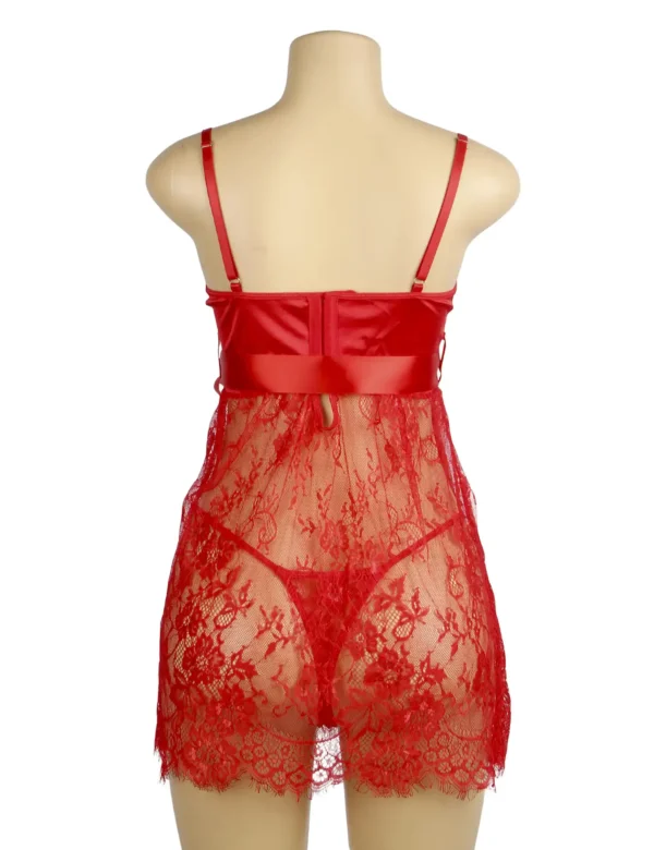 Nuisette rouge transparente dentelle et satin (3) Nuisette rouge transparente dentelle et satin