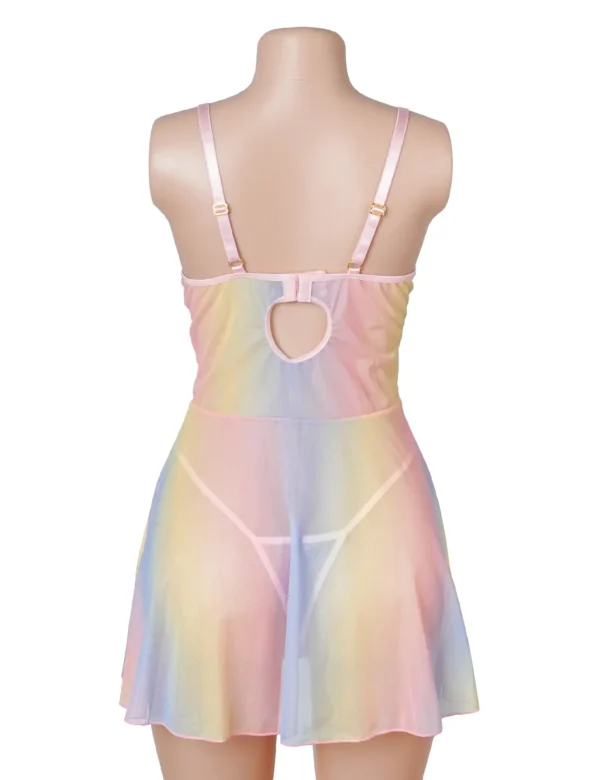 Nuisette transparente arc-en-ciel à fleurs brodées