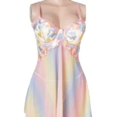 Nuisette transparente arc-en-ciel à fleurs brodées