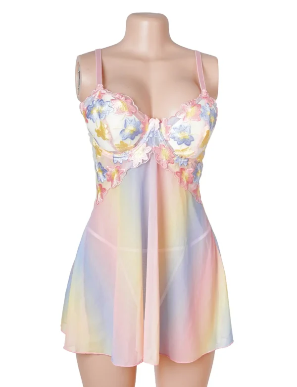 Nuisette transparente arc-en-ciel à fleurs brodées