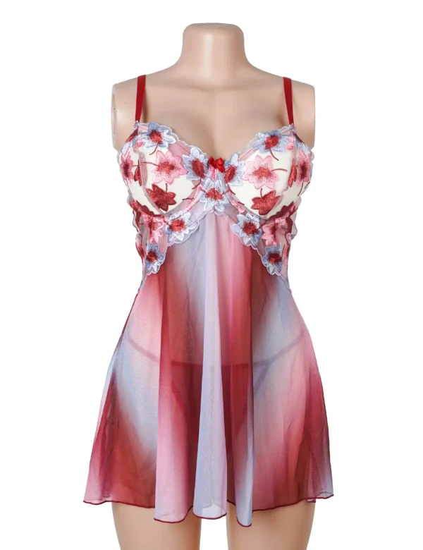 Nuisette transparente rouge et bleue à fleurs brodées (2) Nuisette transparente rouge et bleue à fleurs brodées
