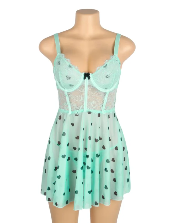 Nuisette vert menthe à motifs cœurs (3) Nuisette vert menthe à motifs cœurs