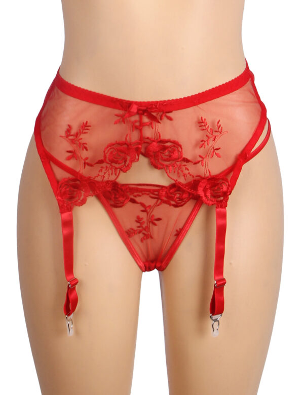 Porte-jarretelles transparent brodé Zélie rouge (4) Porte-jarretelles transparent brodé Zélie